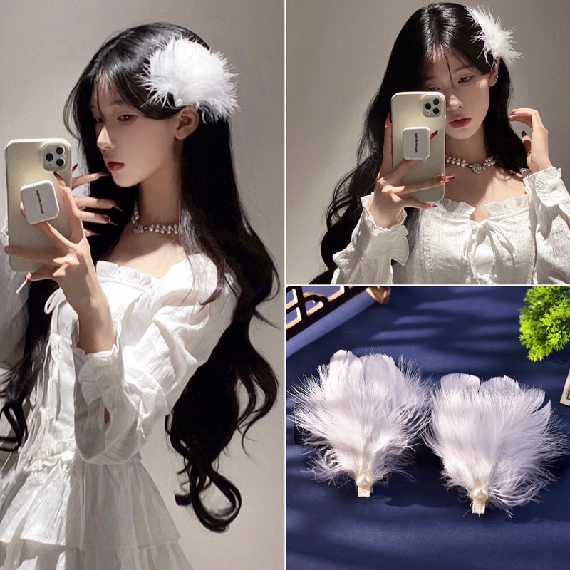 White Swan Super Fairy Feather Hairpin, Atmospheric Fluffy Hair Accessory, Internet Celebrity Side Clip, High-End Pearl Hairpin, Forest Style Accessory