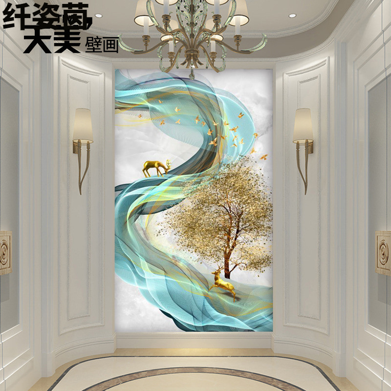 Decorative painting of entrance porch, fortune tree, fortune, feng shui, modern luxury corridor, corridor wall, mural, background wall wallpaper