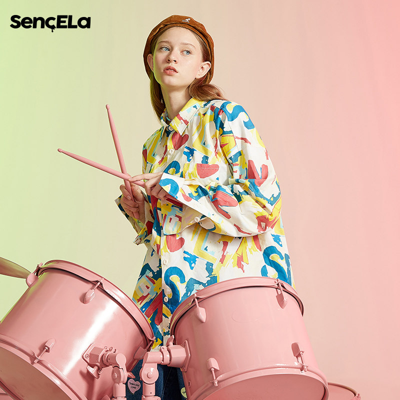 SENCE LA LETTER GRAFFITI FULL PRINT SHIRT MALE LOVER FASHION TRENDS SPRING AUTUMN STREET TIDE SIGN LONG SLEEVE SUNSCREEN SHIRT