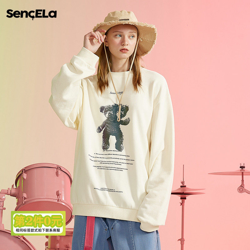 SENCE LA BRIGHT REFLECTIVE BICENTENOR SMALL BEAR PRINTED THICK COTTON T MALE TIDE CARD SPRING AUTUMN EASY COVER-TO-WEAR