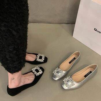 Flat Silver High-End Square-Toe Rhinestone Shoes for Women 2025 New Autumn Black Commuter Square Buckle Loafers