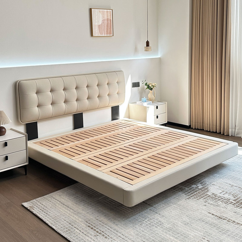 Yuekalan Furniture Thin Headboard Biscuit Bed Small Apartment Bedroom Genuine Leather Bed Space-Saving Floating Waffle Leather Bed