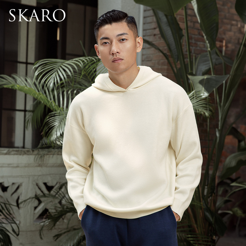 [Celebrity Style] Skaro White Hooded Sweatshirt for Men, Autumn Casual Long-Sleeve Knit Top