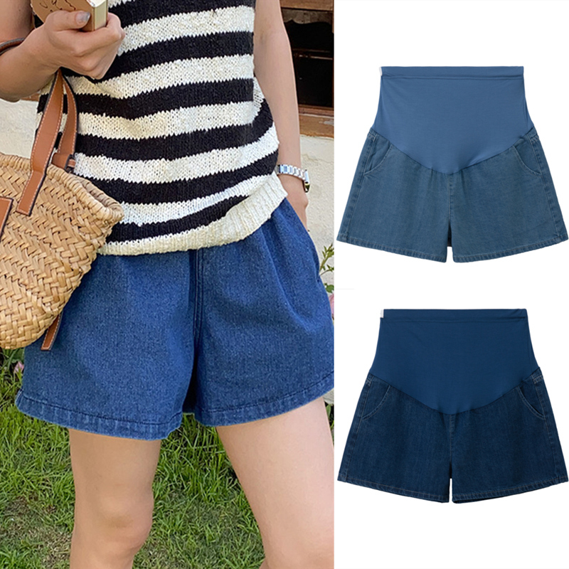 Short Maternity Shorts for Petite Women, Loose-Fitting, High-Waisted, Belly-Supporting, Denim Shorts, Wide-Leg Safety Shorts for Summer Wear