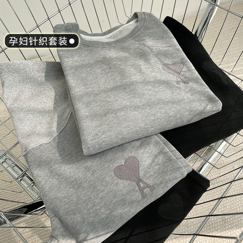 Pregnant Woman Suit Spring Autumn New out Korean version Knitted Long Sleeves Thick Cotton T Loose Casual Sports Foreign Pie Two-piece Suit