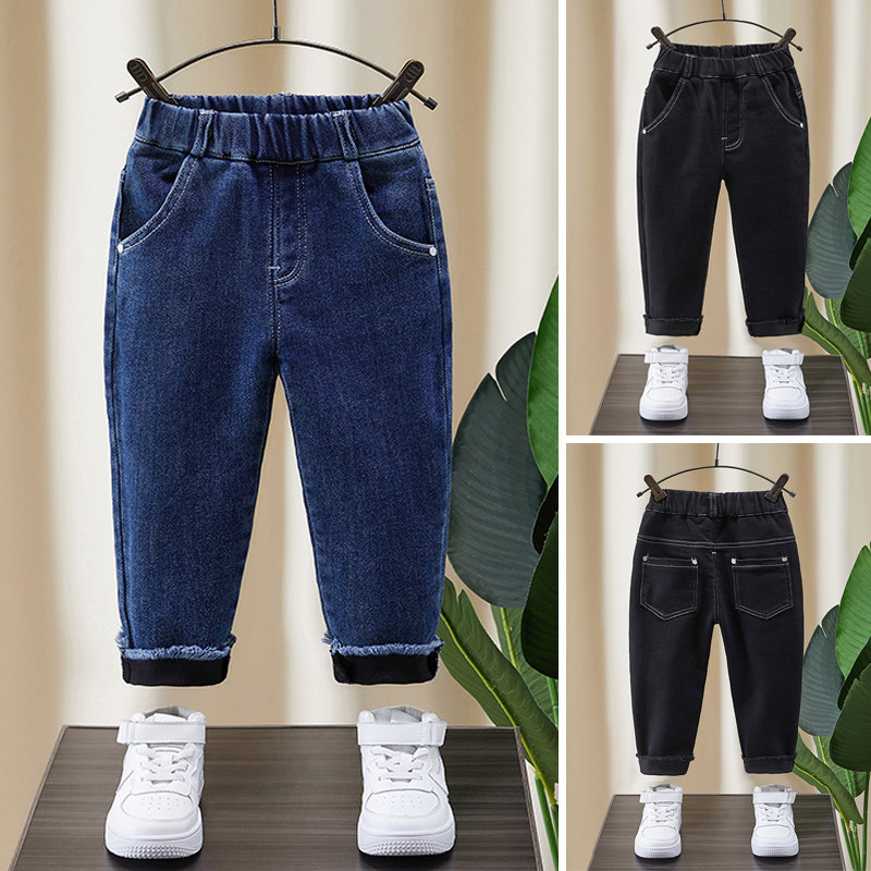 Boys plus velvet soft jeans all-in-one velvet autumn and winter children's winter Korean version of blue elastic slim pants trendy