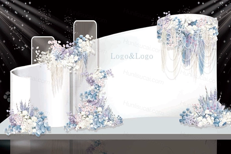 小众极简婚礼纯白色异形造型背景设计白蓝紫色花艺婚礼效果图-婚礼素材网