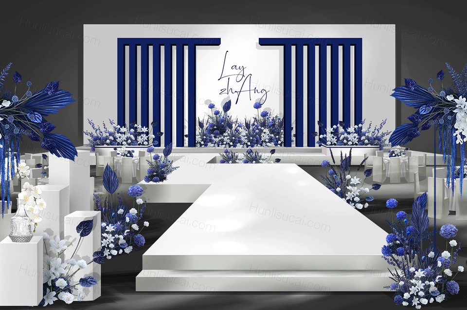 蓝白色INS简约创意秀场风韩式婚礼设计手绘效果图素材psd-婚礼素材网