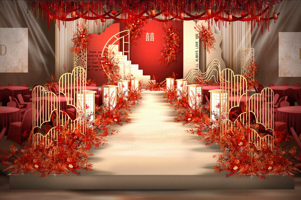 红色香槟色2021新中式婚礼设计舞台展示区背景喷绘ps素材-婚礼素材网