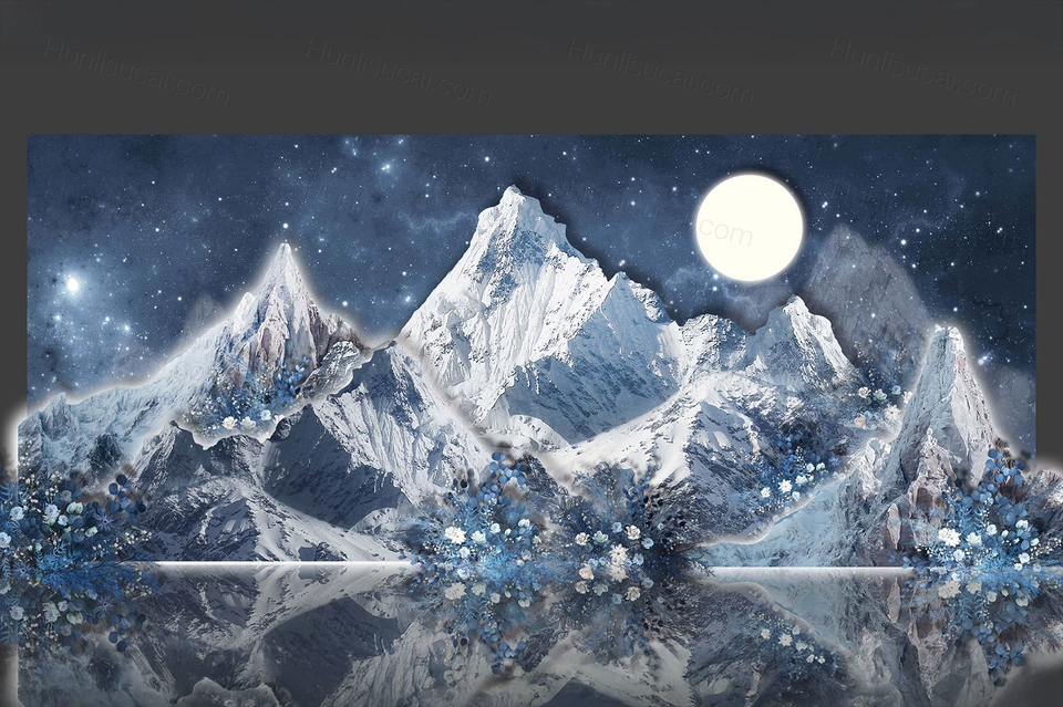 蓝色星空婚礼雪山背景效果图仪式区合影kt板PSD制作图源文件素材-婚礼素材网