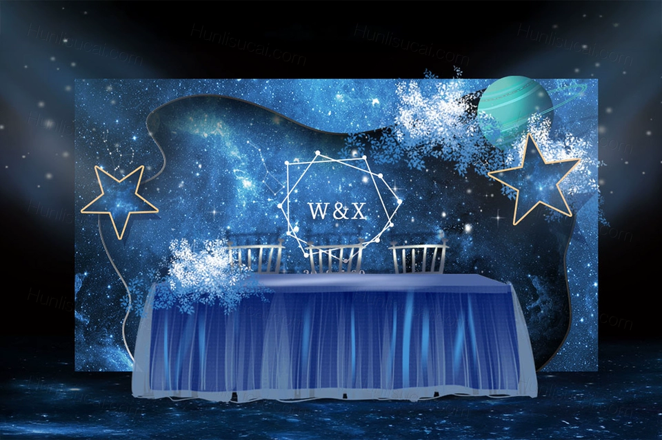 蓝色星空高端婚礼设计婚庆效果图舞台展示区签到区素材psd-婚礼素材网