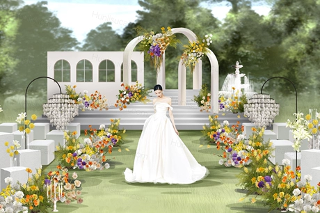 浅粉色白色小众创意黄绿色花艺户外草坪婚礼设计效果图素材psd-婚礼素材网