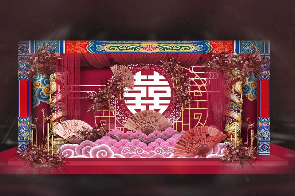 红蓝色新中式传统纹样背景方案舞台效果图设计布置素材婚礼psd-婚礼素材网