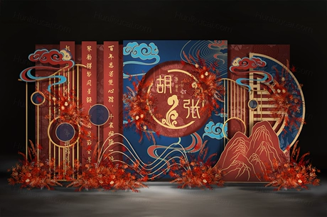 红蓝色喜庆中式婚礼时尚新中式婚庆舞台效果图背景方案素材婚礼-婚礼素材网