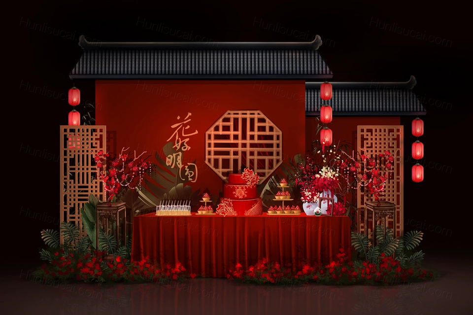红色中式喜庆婚礼设计婚庆手绘效果图甜品区布置素材psd源文件-婚礼素材网