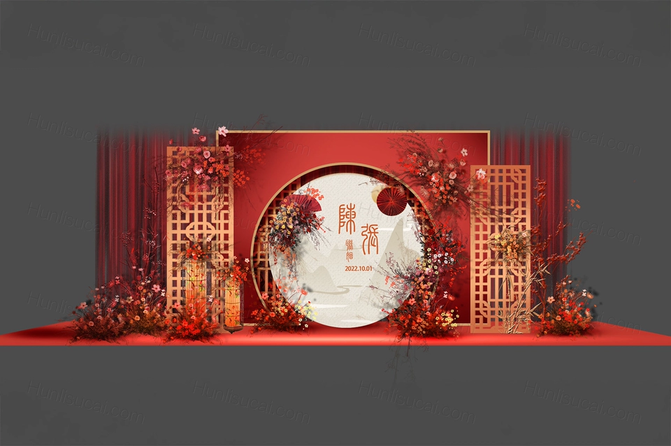 红色金色新中式传统喜庆拱门圆形婚礼设计展示区效果图素材psd-婚礼素材网