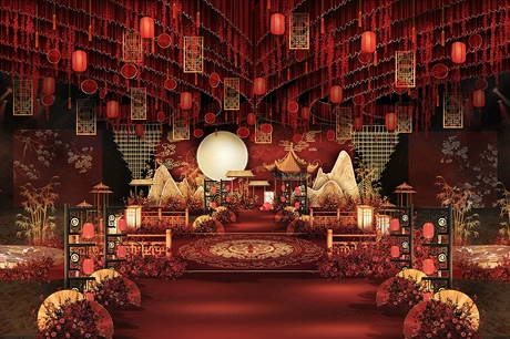新中式红色国潮大气山峦亭子月亮金竹红色吊顶婚礼效果图婚礼素材-婚礼素材网