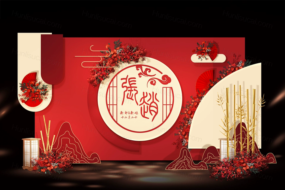 农村红色喜庆中式婚礼效果图设计PS源文件素材KT喷绘制作背景-婚礼素材网