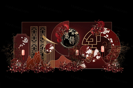 大红色酒红色中式古典喜庆传统婚礼设计效果图背景方案素材psd-婚礼素材网
