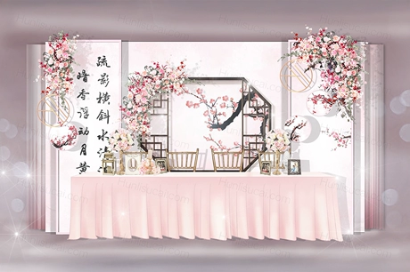 粉色梅花水彩新中式婚礼设计婚庆效果图背景方案制作布置素材-婚礼素材网