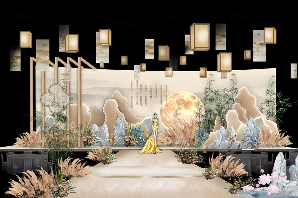香槟色咖色新中式古典月亮假山国画背景婚礼设计效果图素材psd-婚礼素材网