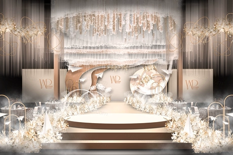 香槟色大厅婚礼效果图设计合影区签到区布置PSD方案手绘花艺素材-婚礼素材网