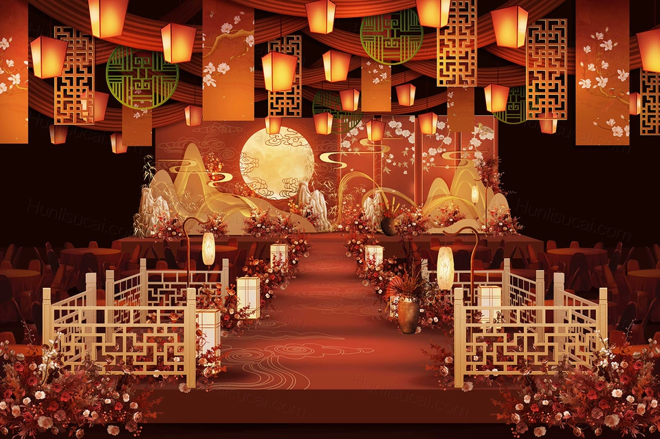 红金中式婚礼效果图红色中式婚礼背景素材舞台留影背景PSD婚礼-婚礼素材网