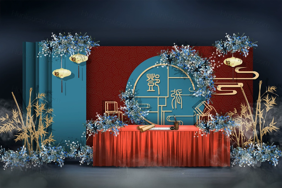 红色蓝色撞色创意网红小红书同款新中式喜庆传统婚礼设计素材-婚礼素材网