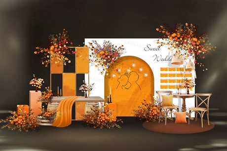 橘色泰式木纹背景户外草坪婚礼设计婚庆效果图背景方案素材psd-婚礼素材网