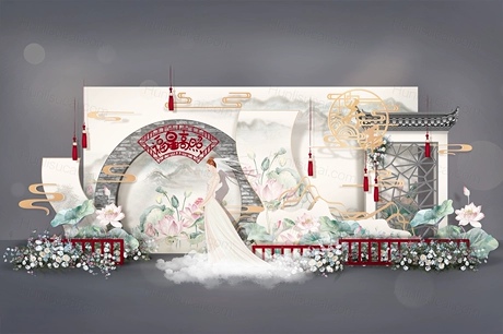 白色淡绿色荷花屋檐花鸟新中式中国风婚礼设计婚庆舞台背景素材-婚礼素材网