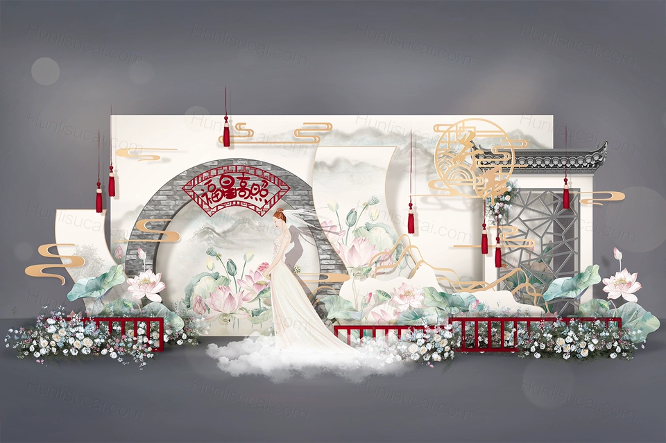 白色淡绿色荷花屋檐花鸟新中式中国风婚礼设计婚庆舞台背景素材-婚礼素材网