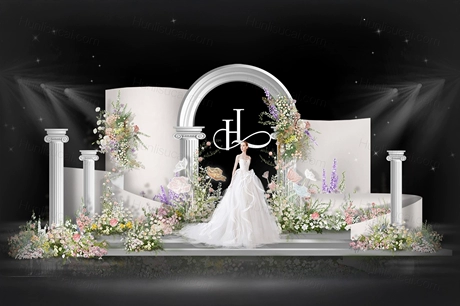 白色小碎花简约韩式婚礼设计效果图舞台展示区素材psd源文件-婚礼素材网