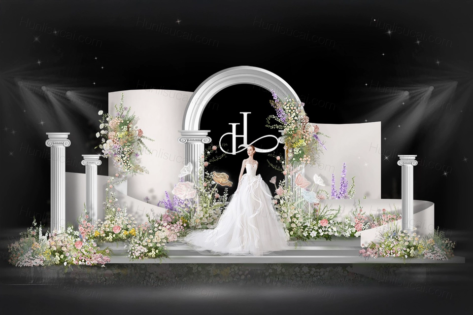 白色小碎花简约韩式婚礼设计效果图舞台展示区素材psd源文件-婚礼素材网