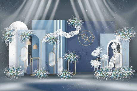 深蓝色INS简约风格西式婚礼设计婚庆舞台效果图背景喷绘素材-婚礼素材网