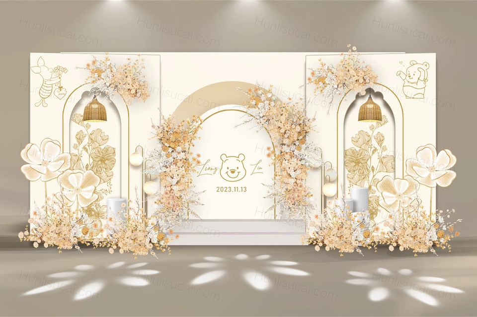 香槟色维尼熊法式小香风婚礼设计订婚小清新背景设计效果图素材-婚礼素材网