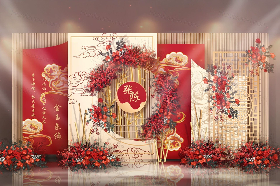 红色香槟色喜庆新中式婚礼设计婚庆舞台展示区背景方案素材效果图-婚礼素材网