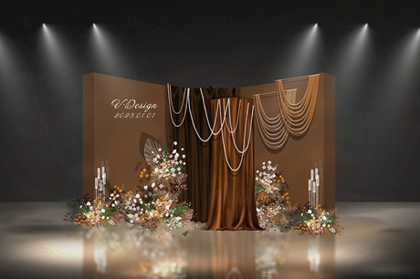 泰式婚礼婚礼手绘效果图psd设计素材源文件咖色花艺布幔吊顶素材-婚礼素材网
