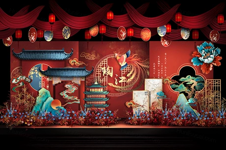 红色新中式高端婚礼效果图舞台迎宾签到区素材PSD分层文件设计-婚礼素材网