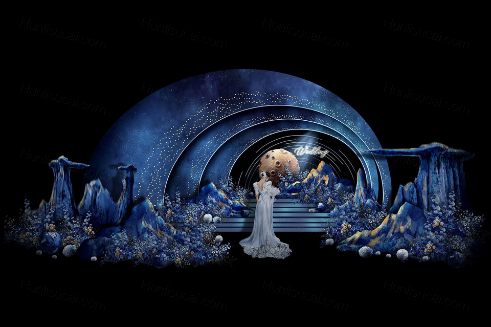 蓝色梦幻星空浪漫婚礼星空月亮婚礼梦幻星辰婚礼效果图ps素材分层-婚礼素材网