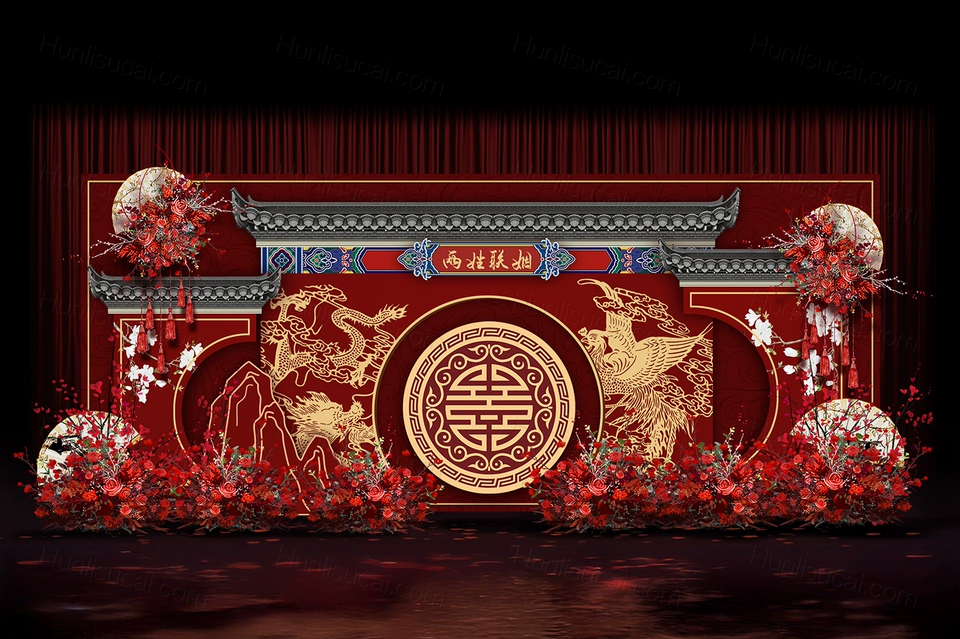 红色中式婚礼手绘效果图中国风婚礼红色系婚礼婚礼迎宾区素材模板-婚礼素材网