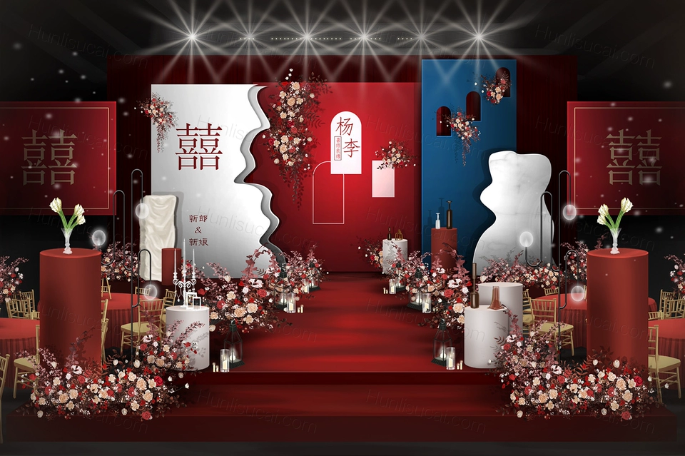 新中式侘寂风婚礼设计效果图素材红蓝撞色婚庆KT板背景PS文件-婚礼素材网
