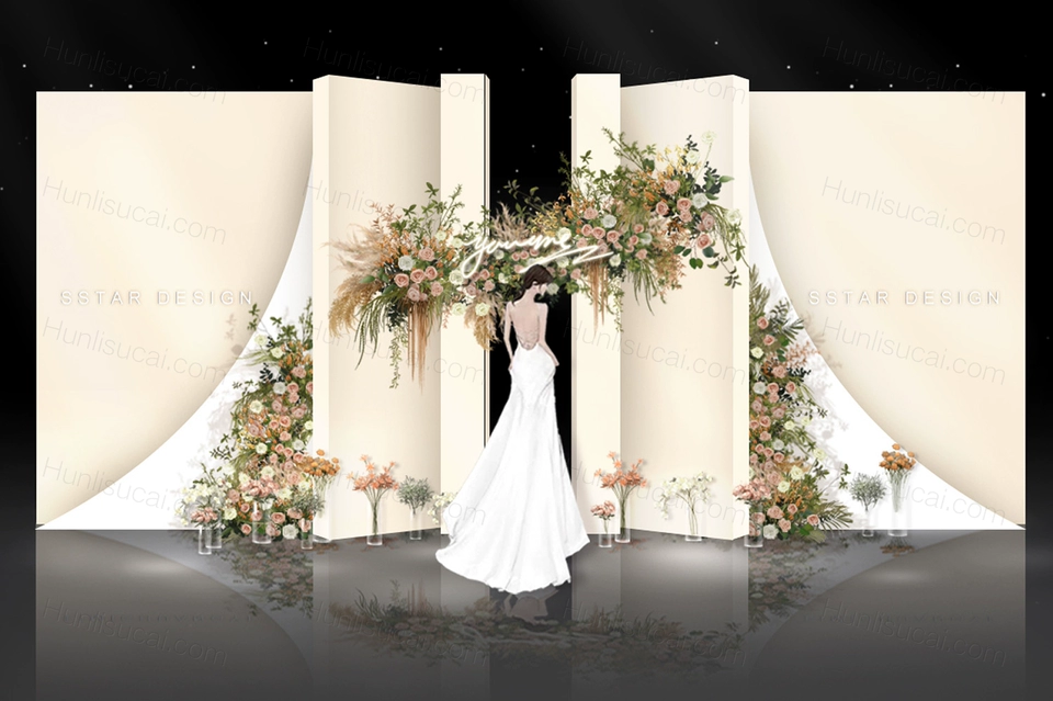 香槟色泰式水晶灯吊顶婚礼效果图简约异形婚礼背景PSD分层素材-婚礼素材网