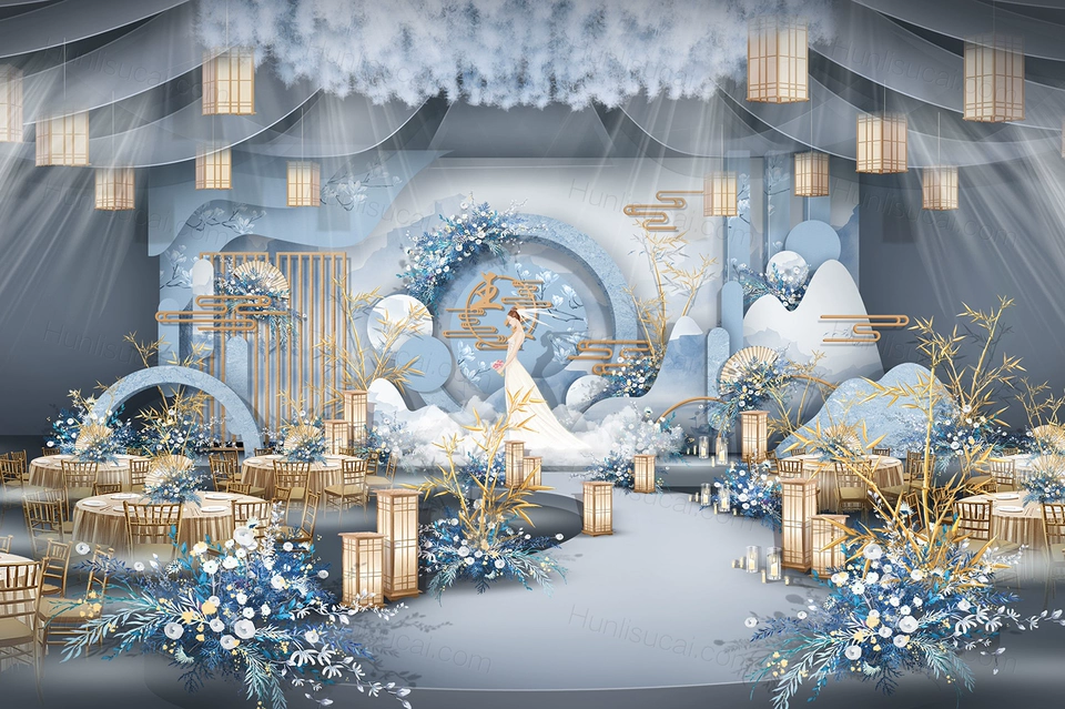 浅蓝色新中式婚礼效果图含制作文件PSD婚礼素材-婚礼素材网