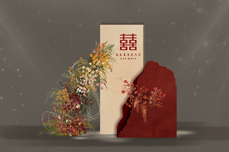 ins中式花鸟工笔画酒红订婚宴答谢宴派对素材设计舞台背景布置ps-婚礼素材网