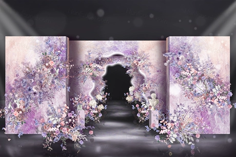 紫色水彩油画背景浪漫婚礼设计效果图舞台布置背景方案素材psd-婚礼素材网