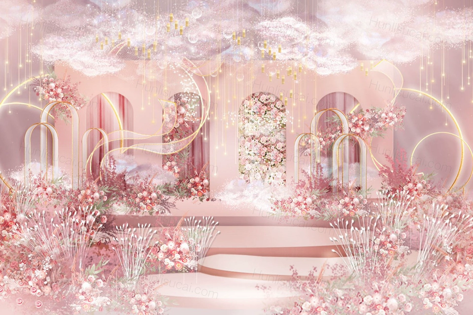粉色欧式小清新风格婚礼设计婚庆手绘效果图背景方案素材psd-婚礼素材网