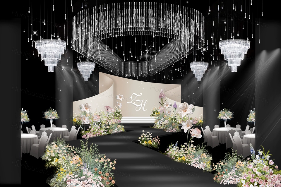 香槟色异形花园水晶灯吊顶婚礼效果图素材psd源文件婚礼-婚礼素材网