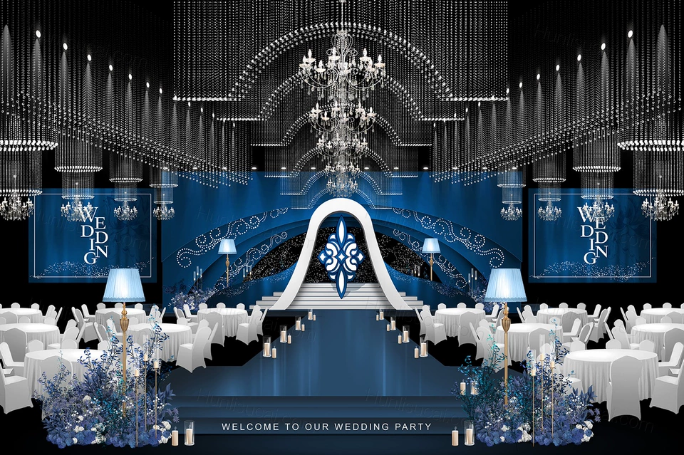 宝蓝色高端欧式秀场风婚礼设计效果图背景方案素材psd源文件-婚礼素材网