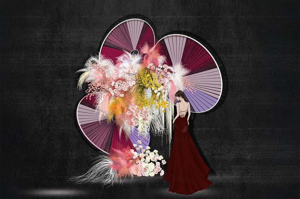 背景设计玫瑰小众户外毛线芦苇粉黛花艺婚礼效果图psd分层素材-婚礼素材网