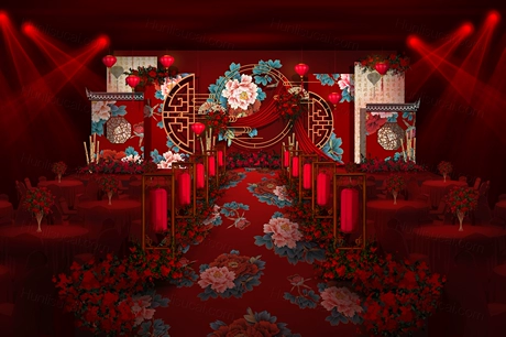 红色中式牡丹花喜庆高端婚礼设计婚庆手绘效果图背景方案素材-婚礼素材网